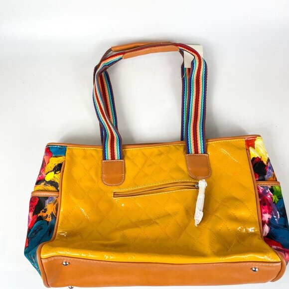 Yellow Patent Leather Quilted Tote Bag Owl Embroidery - Picture 3 of 7